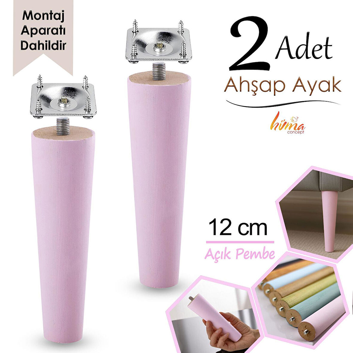 2 Adet Ahşap Ayak 12 Cm Açık Pembe M8 Civatalı Bağlantı Aparatlı Dolap Mobilya Koltuk Kanepe Destek Ayağı Ayakları