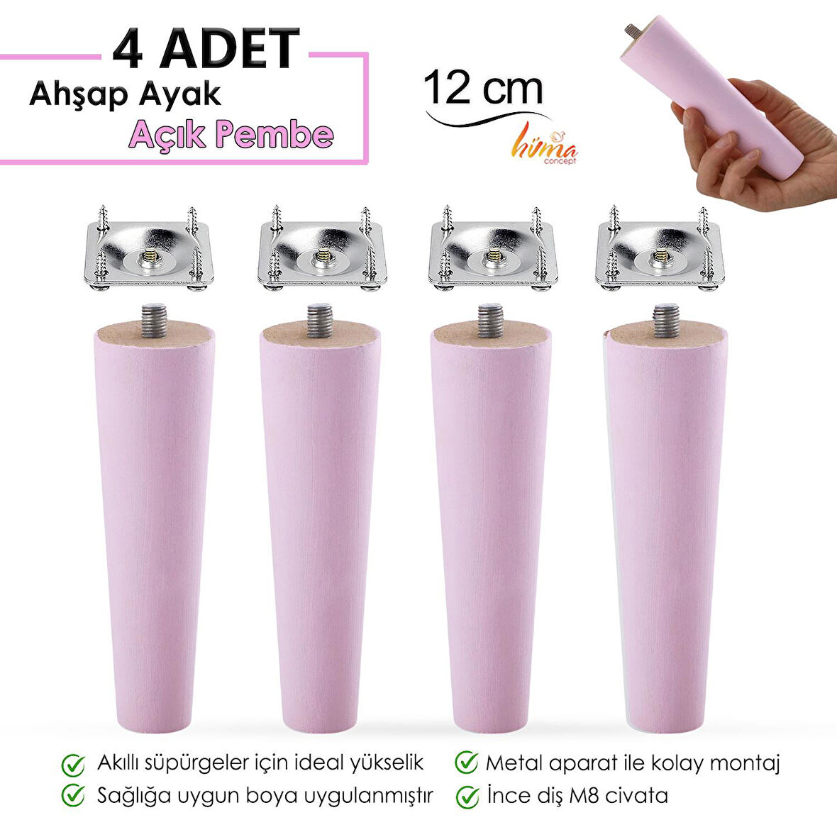 4 Adet Ahşap Ayak 12 Cm Açık Pembe M8 Civatalı Bağlantı Aparatlı Dolap Mobilya Koltuk Kanepe Destek Ayağı Ayakları