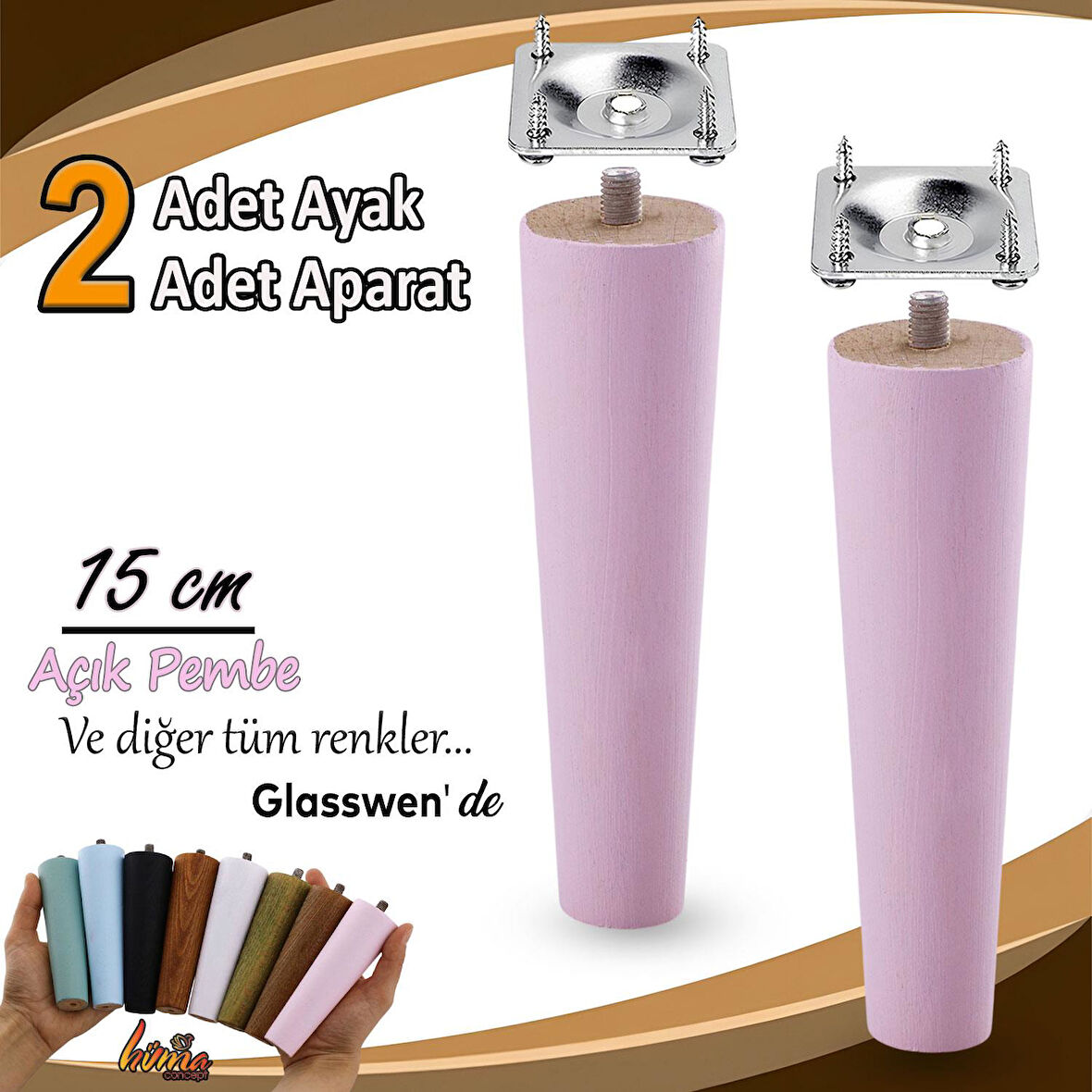 2 Adet Ahşap Ayak 15 Cm Açık Pembe M8 Civatalı Bağlantı Aparatlı Dolap Mobilya Koltuk Kanepe Destek Ayağı Ayakları