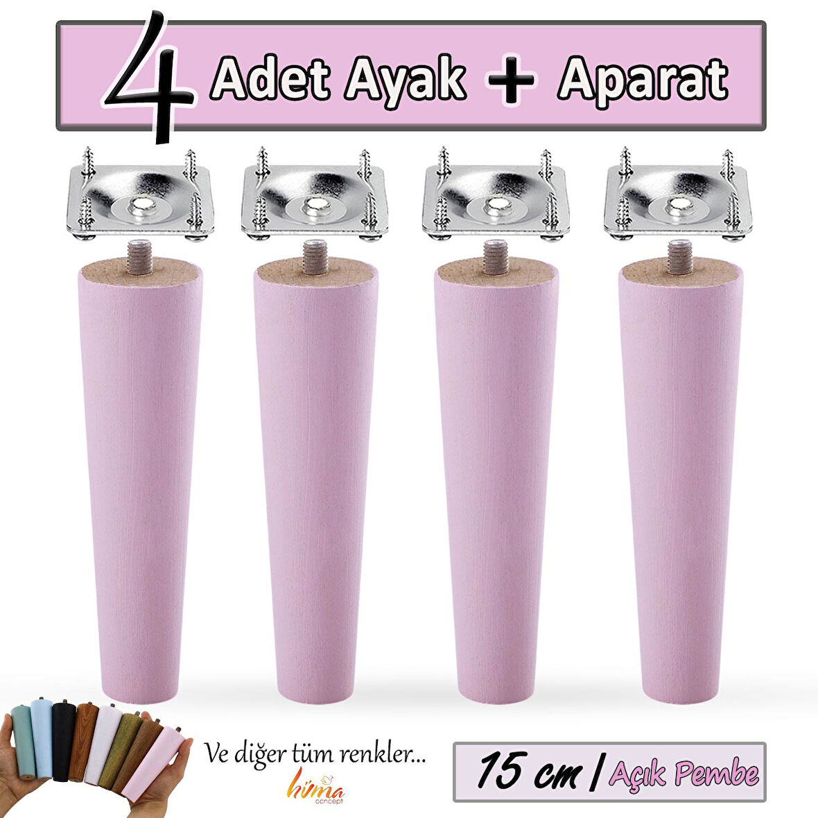 4 Adet Ahşap Ayak 15 Cm Açık Pembe M8 Civatalı Bağlantı Aparatlı Dolap Mobilya Koltuk Kanepe Destek Ayağı Ayakları