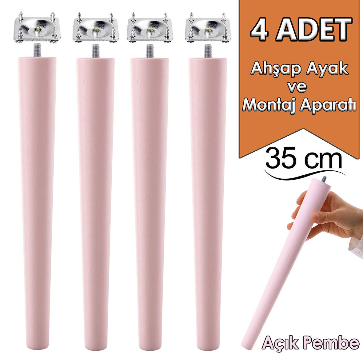 4 Adet Ahşap Ayak 35 Cm Açık Pembe M8 Civatalı Bağlantı Aparatlı Mobilya Tabure Sehpa Masa Destek Ayağı
