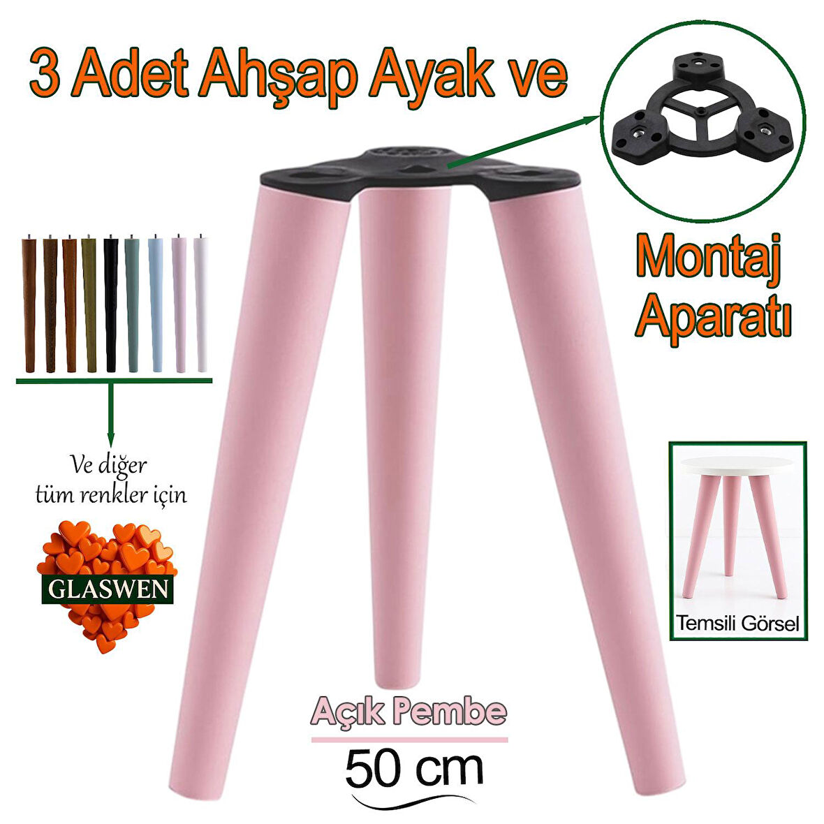 3 Adet Ahşap Ayak 50 Cm Açık Pembe M8 Civatalı Bağlantı Aparatlı Mobilya Tabure Sehpa Masa Destek Ayağı