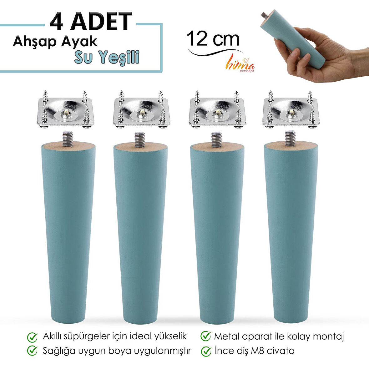 4 Adet Ahşap Ayak 12 Cm Su Yeşili M8 Civatalı Bağlantı Aparatlı Dolap Mobilya Koltuk Kanepe Destek Ayağı Ayakları