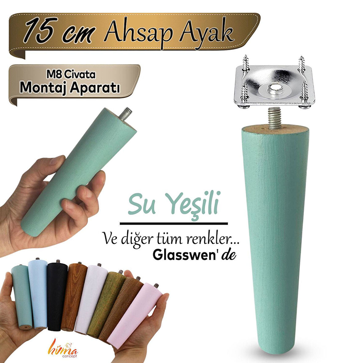 Ahşap Ayak 15 Cm Su Yeşili M8 Civatalı Bağlantı Aparatlı Dolap Mobilya Koltuk Kanepe Destek Ayağı Ayakları