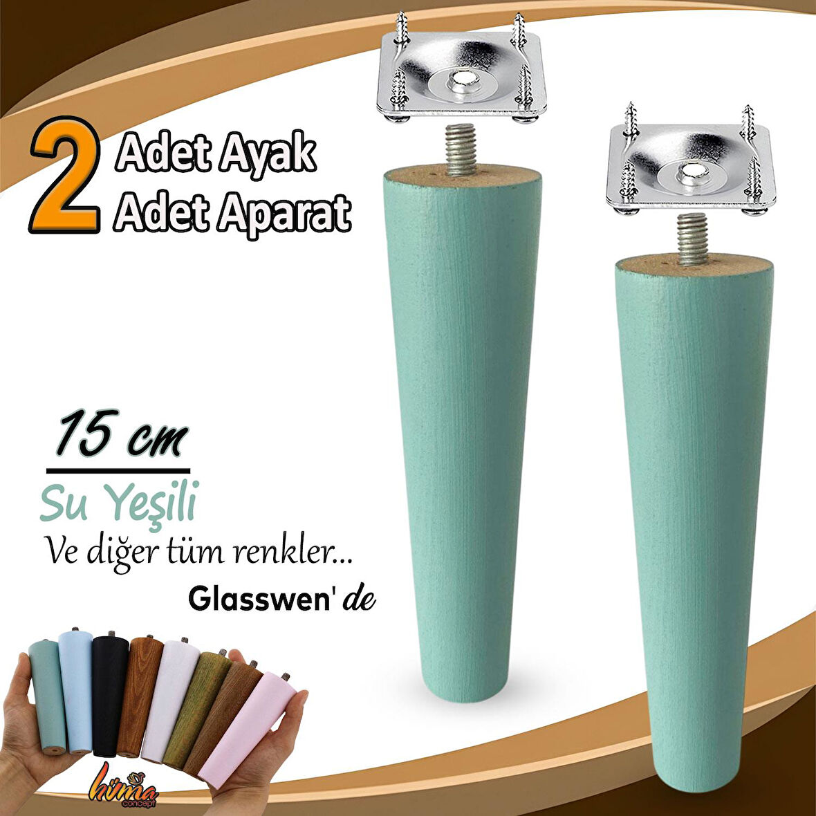 2 Adet Ahşap Ayak 15 Cm Su Yeşili M8 Civatalı Bağlantı Aparatlı Dolap Mobilya Koltuk Kanepe Destek Ayağı Ayakları