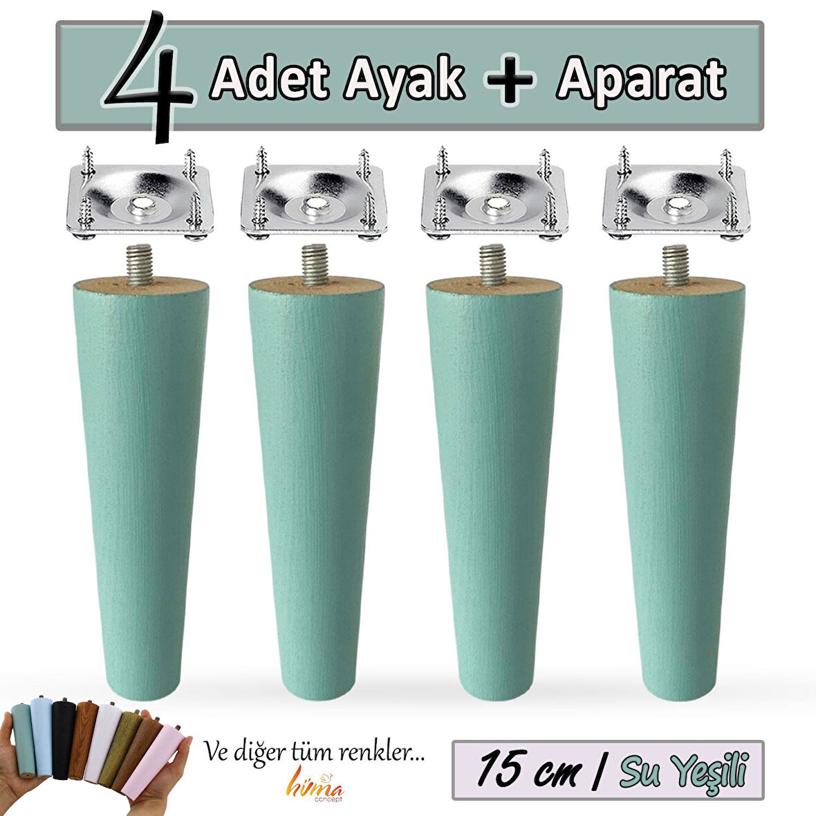4 Adet Ahşap Ayak 15 Cm Su Yeşili M8 Civatalı Bağlantı Aparatlı Dolap Mobilya Koltuk Kanepe Destek Ayağı Ayakları