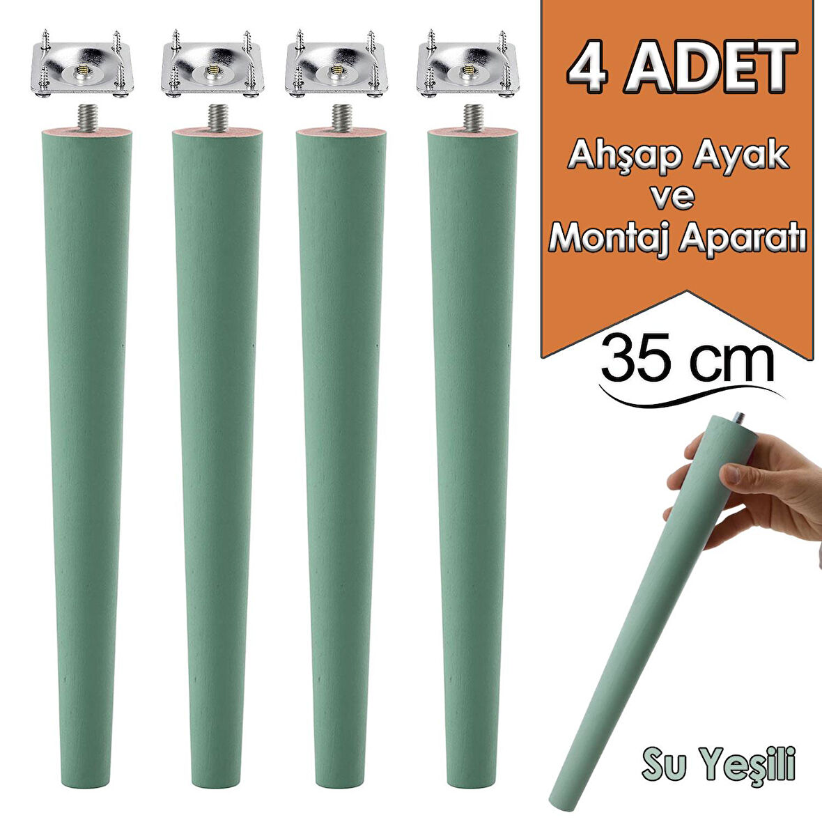 4 Adet Ahşap Ayak 35 Cm Su Yeşili M8 Civatalı Bağlantı Aparatlı Mobilya Tabure Sehpa Masa Destek Ayağı