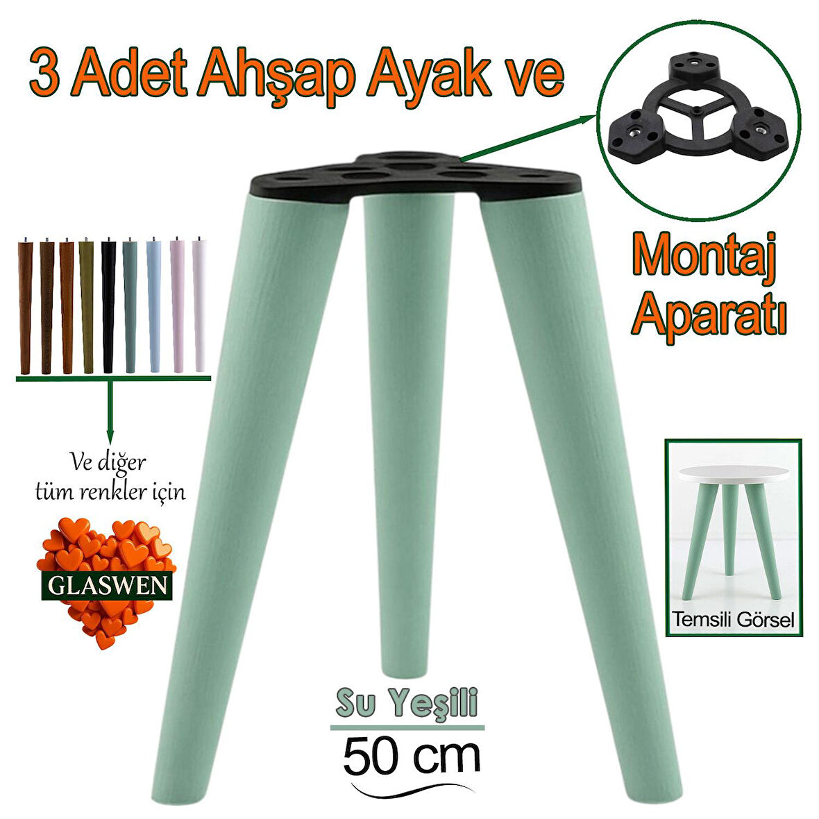 3 Adet Ahşap Ayak 50 Cm Su Yeşili M8 Civatalı Bağlantı Aparatlı Mobilya Tabure Sehpa Masa Destek Ayağı