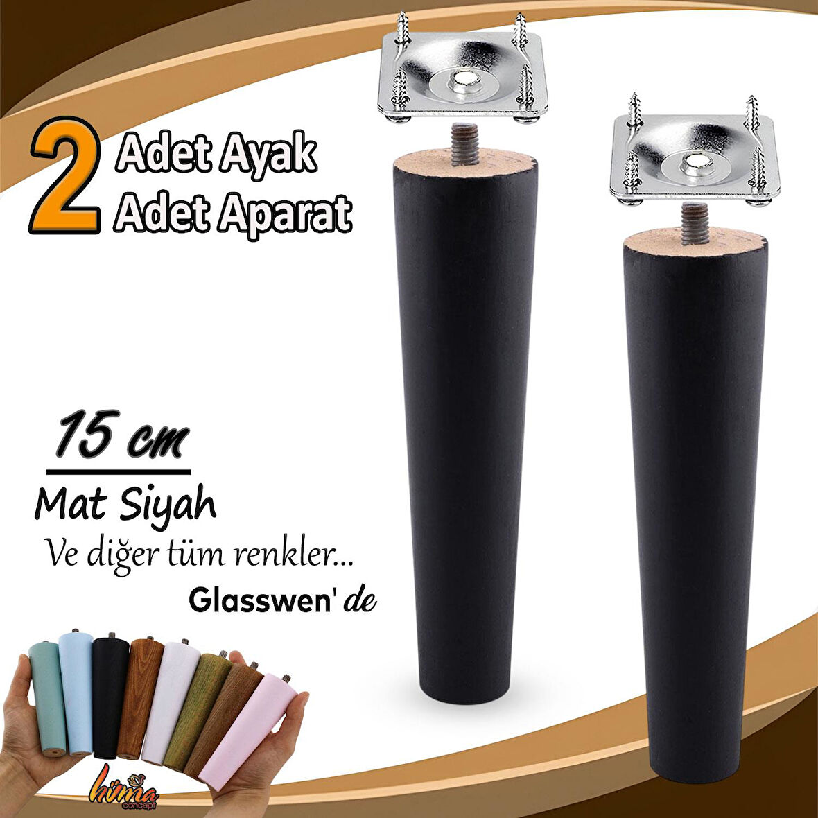 2 Adet Ahşap Ayak 15 Cm Siyah M8 Civatalı Bağlantı Aparatlı Dolap Mobilya Koltuk Kanepe Destek Ayağı Ayakları