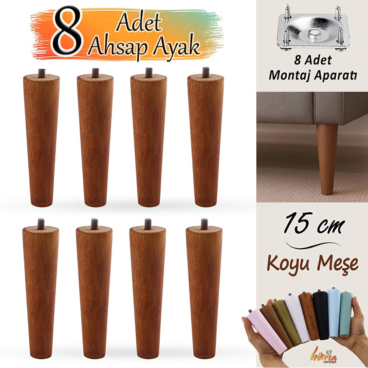 8 Adet Ahşap Ayak 15 Cm Koyu Meşe M8 Civatalı Bağlantı Aparatlı Dolap Mobilya Koltuk Kanepe Destek Ayağı Ayakları
