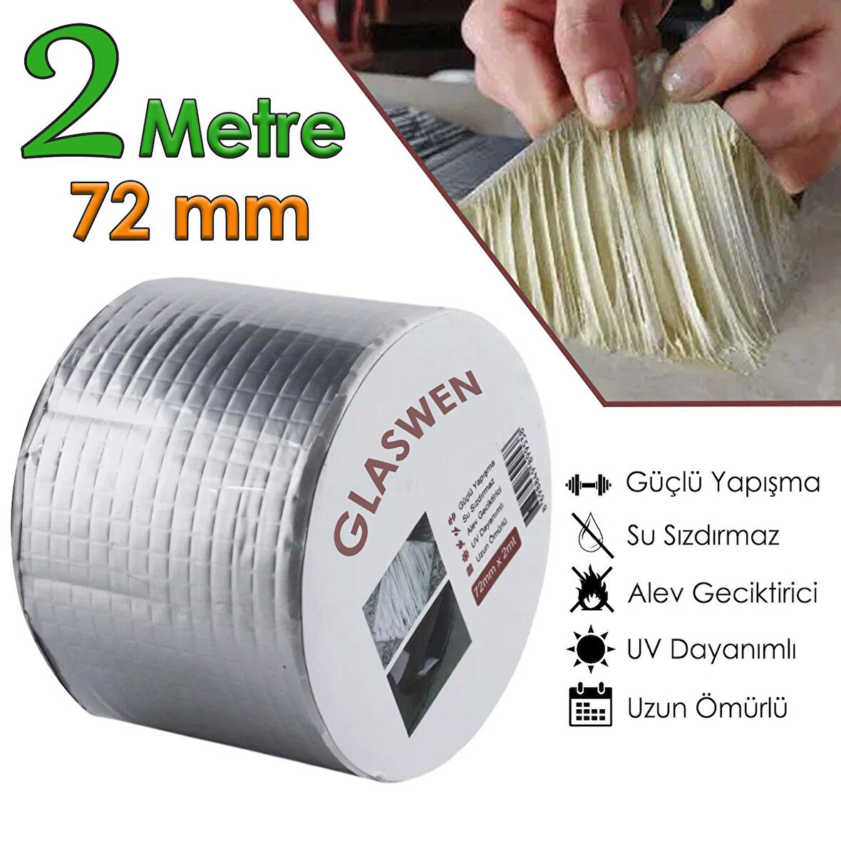 Çatı İzolasyon Bandı 72 mm X 2 MT Su Sızdırmazlık Geçirmez Delik Yalıtım Çamur Boru Sakız Tamir Bant