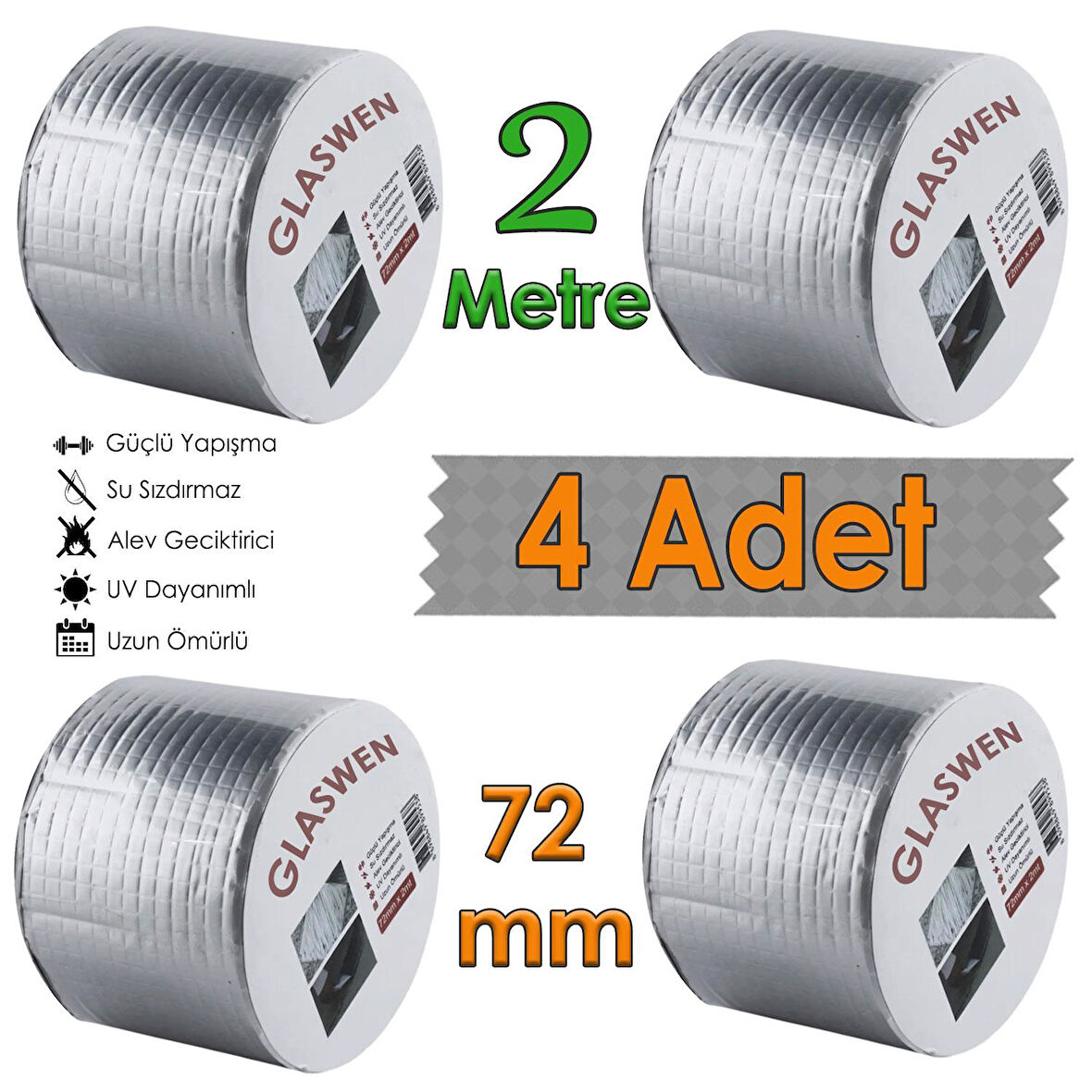 4 Adet Çatı İzolasyon Bandı 72 mm X 2 MT Su Sızdırmazlık Geçirmez Yalıtım Çamur Boru Sakız Tamir Bant