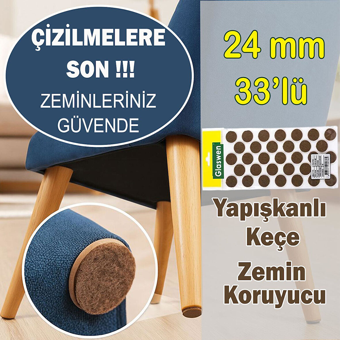 Yapışkanlı Yuvarlak Keçe Masa Sandalye Parke Zemin Ayak Koruyucu Kaydırmaz Keçesi 24 mm (33'LÜ PAKET)