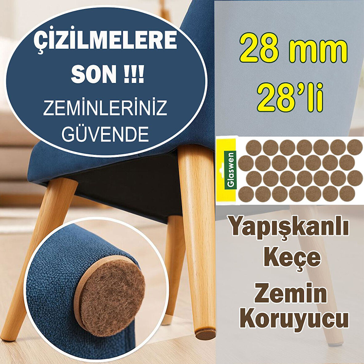 Yapışkanlı Yuvarlak Keçe Masa Sandalye Parke Zemin Ayak Koruyucu Kaydırmaz Keçesi 28 mm (28'Lİ PAKET)