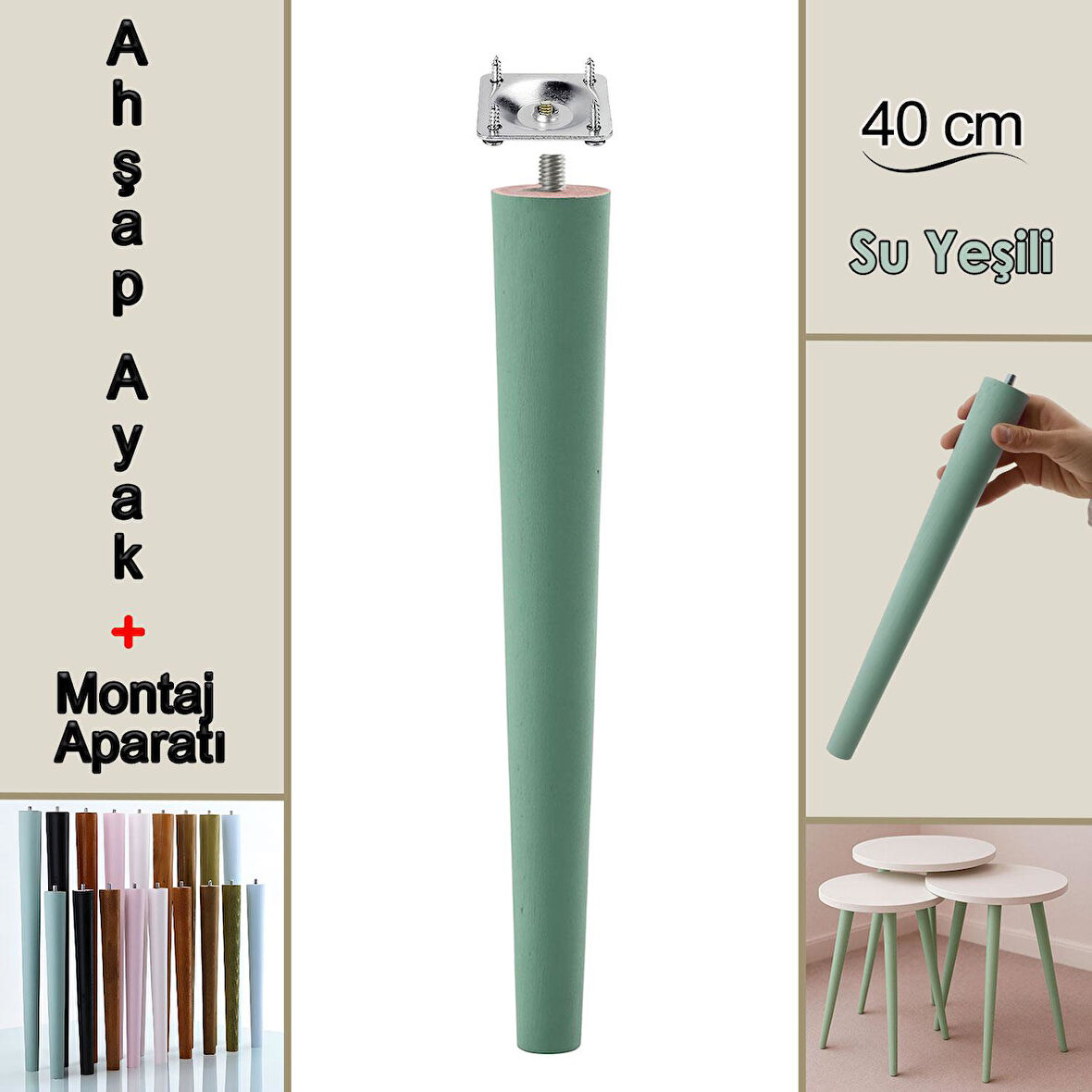 Ahşap Ayak 40 Cm Su Yeşili M8 Civatalı Bağlantı Aparatlı Mobilya Tabure Sehpa Masa Destek Ayağı