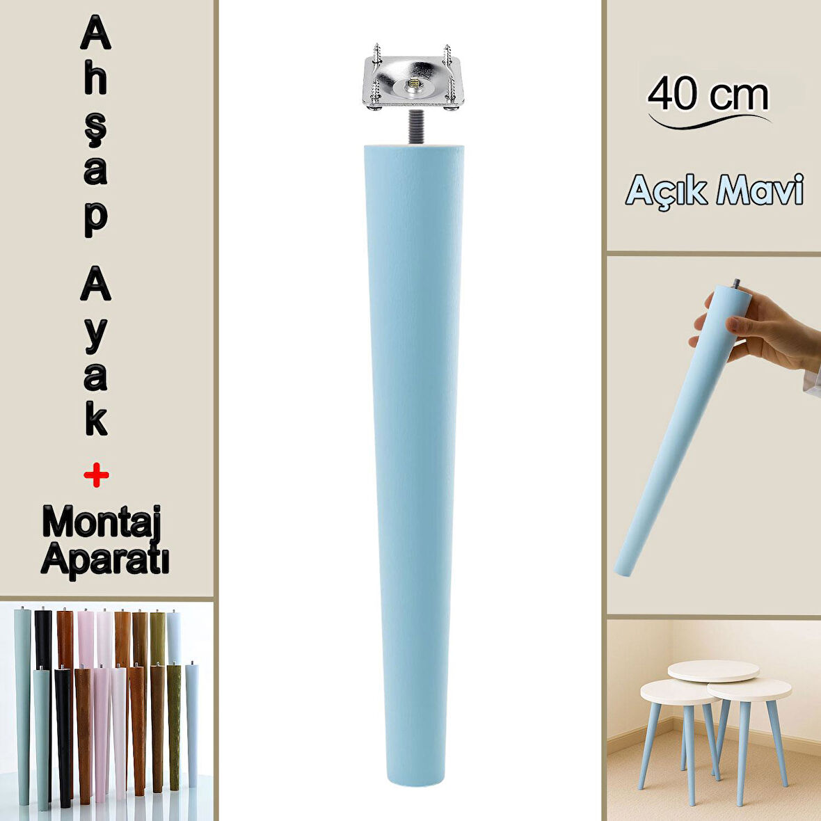Ahşap Ayak 40 Cm Açık Mavi M8 Civatalı Bağlantı Aparatlı Mobilya Tabure Sehpa Masa Destek Ayağı