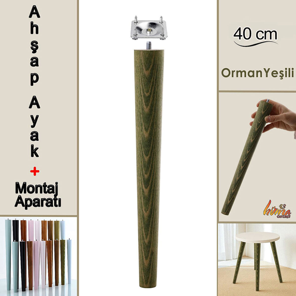 Ahşap Ayak 40 Cm Orman Yeşili M8 Civatalı Bağlantı Aparatlı Mobilya Tabure Sehpa Masa Destek Ayağı