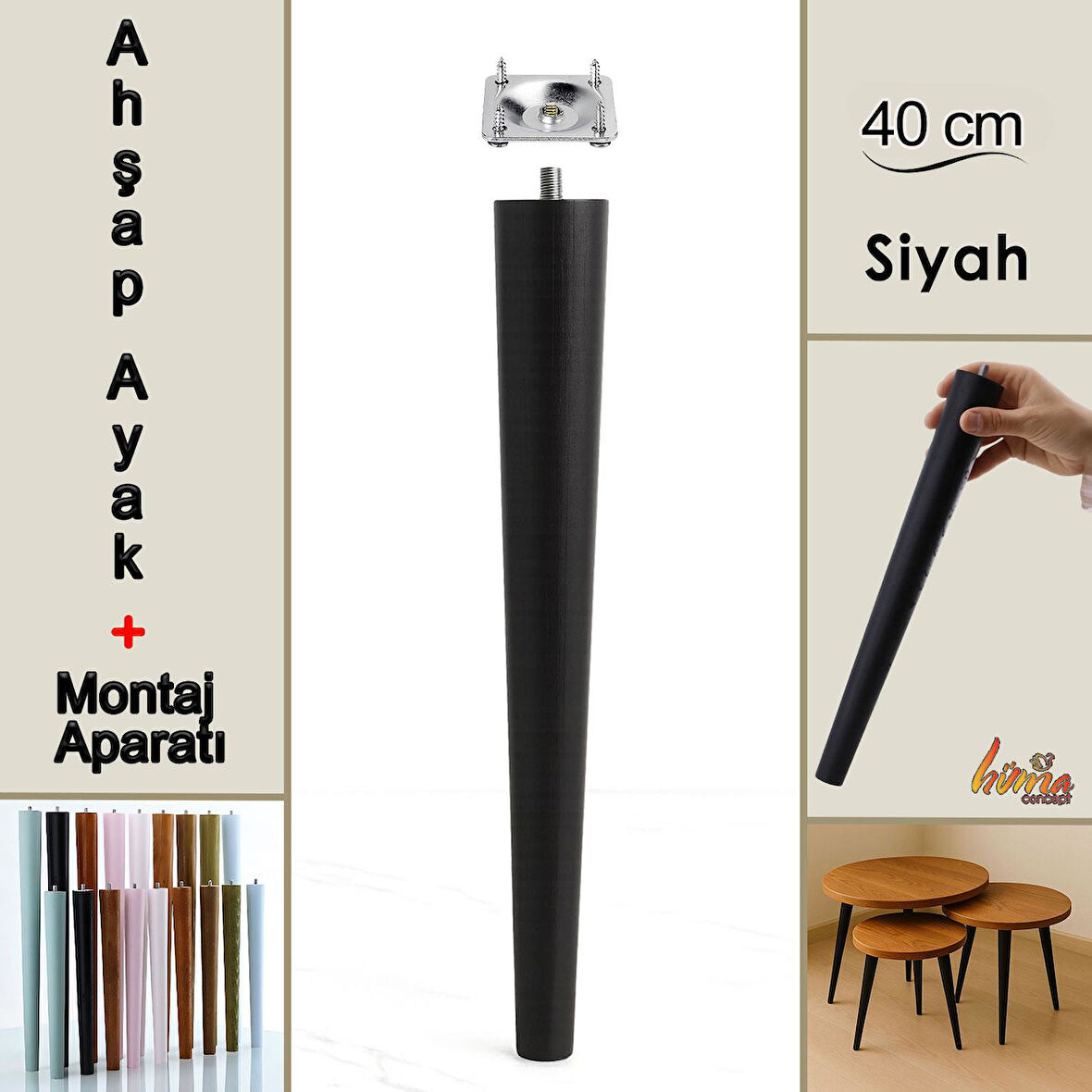 Ahşap Ayak 40 Cm Siyah M8 Civatalı Bağlantı Aparatlı Mobilya Tabure Sehpa Masa Destek Ayağı
