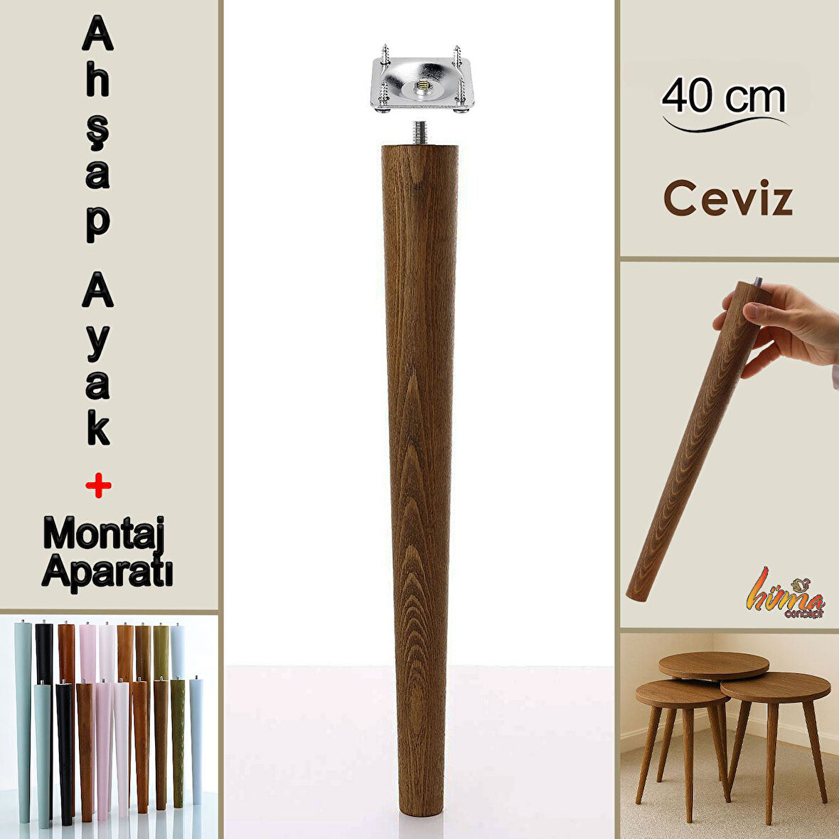 Ahşap Ayak 40 Cm Ceviz M8 Civatalı Bağlantı Aparatlı Mobilya Tabure Sehpa Masa Destek Ayağı