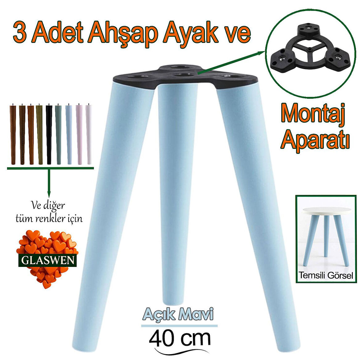 3 Adet Ahşap Ayak 40 Cm Açık Mavi M8 Civatalı Bağlantı Aparatlı Mobilya Tabure Sehpa Masa Destek Ayağı