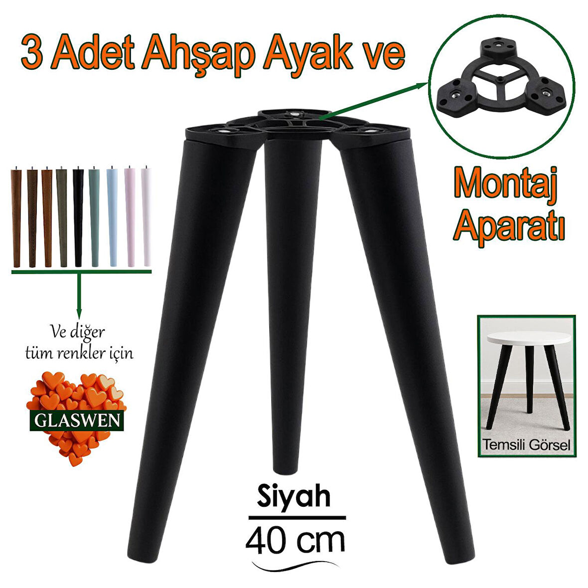 3 Adet Ahşap Ayak 40 Cm Siyah M8 Civatalı Bağlantı Aparatlı Mobilya Tabure Sehpa Masa Destek Ayağı