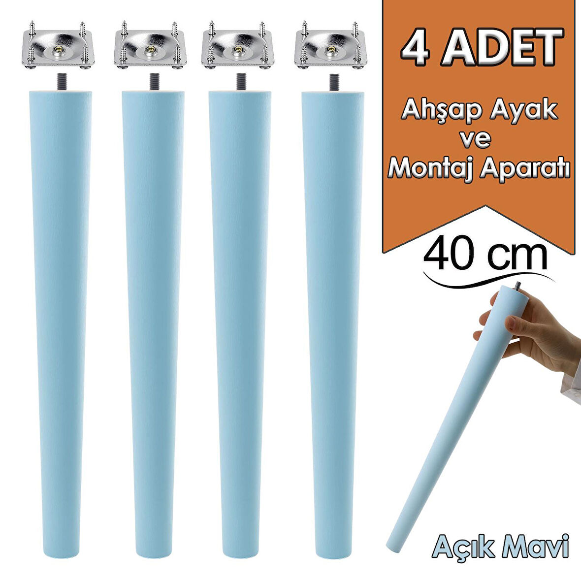 4 Adet Ahşap Ayak 40 Cm Açık Mavi M8 Civatalı Bağlantı Aparatlı Mobilya Tabure Sehpa Masa Destek Ayağı