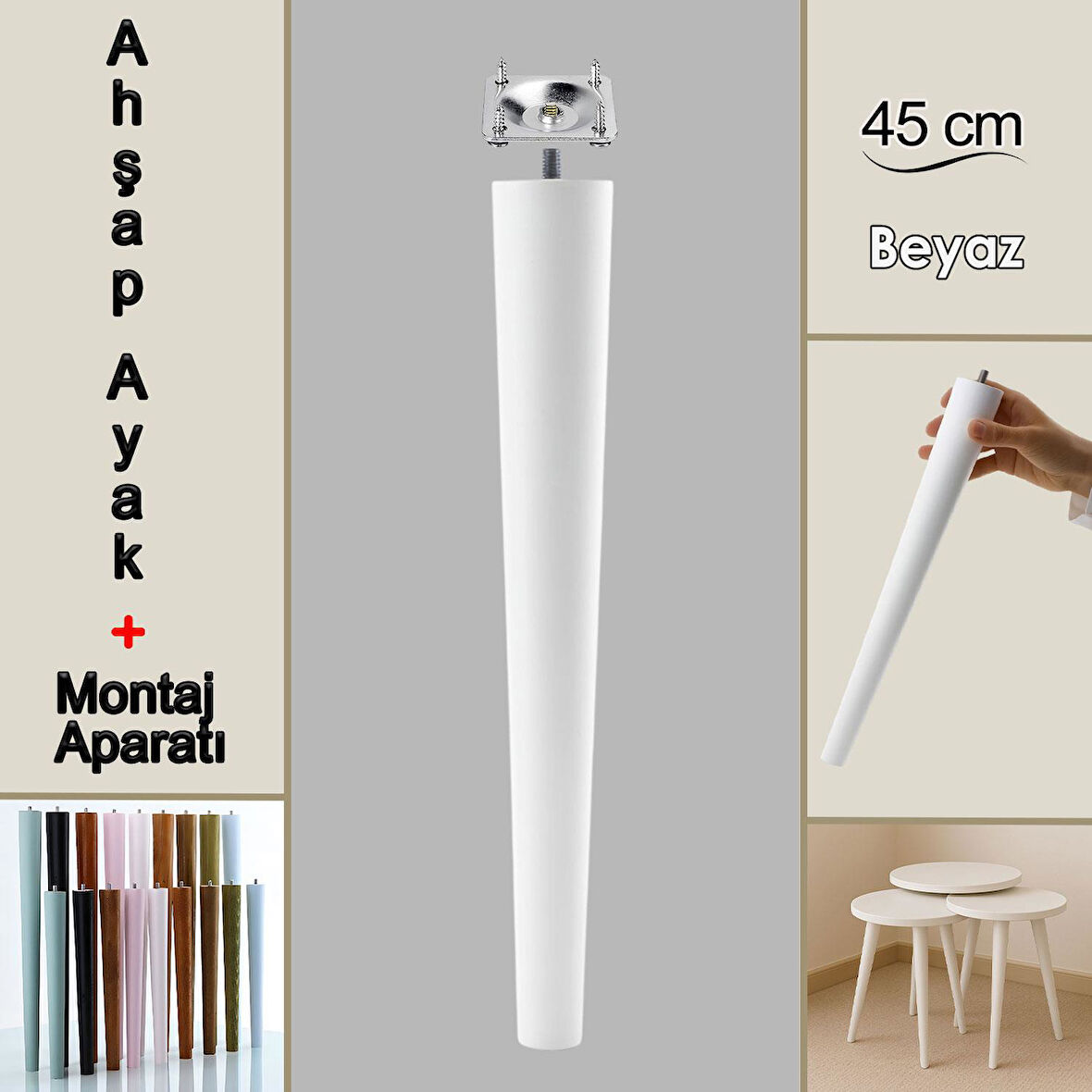 Ahşap Ayak 45 Cm Beyaz M8 Civatalı Bağlantı Aparatlı Mobilya Tabure Sehpa Masa Destek Ayağı