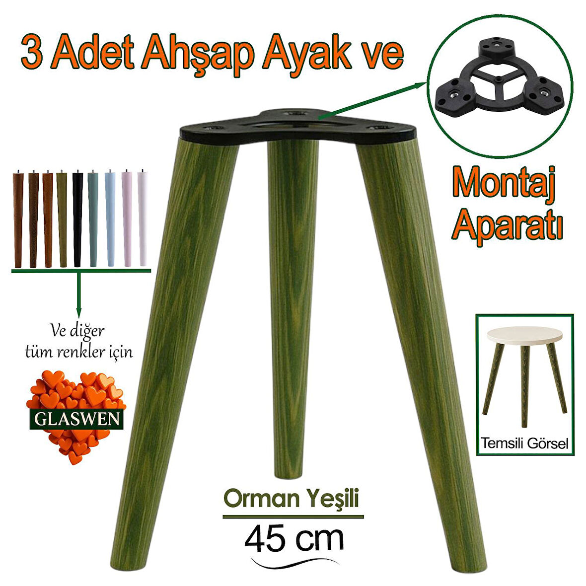 3 Adet Ahşap Ayak 45 Cm Orman Yeşili M8 Civatalı Bağlantı Aparatlı Mobilya Tabure Sehpa Masa Destek Ayağı