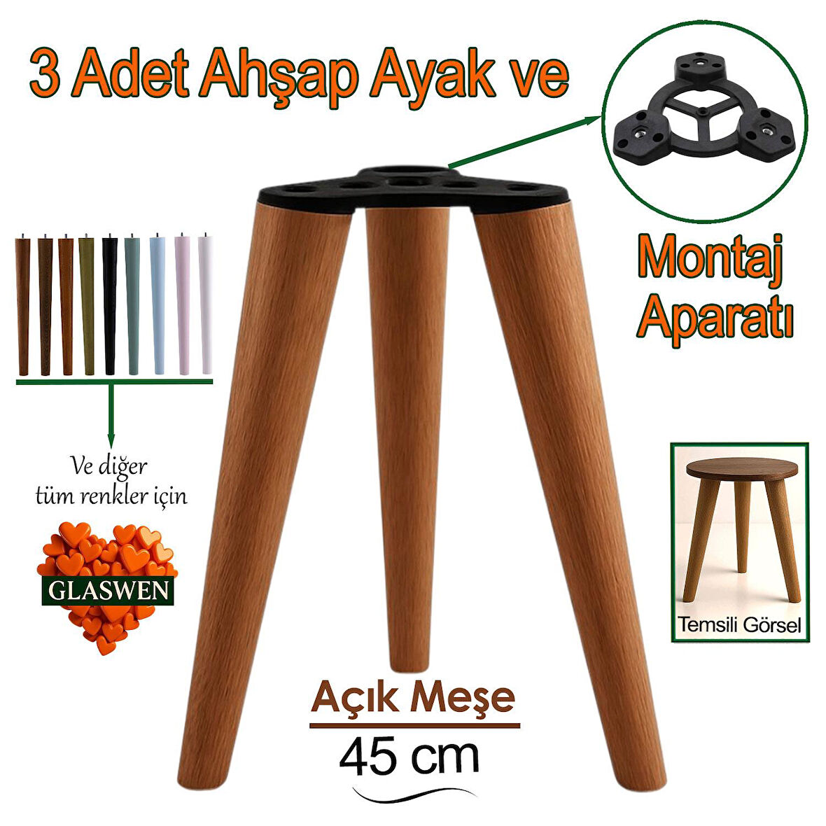 3 Adet Ahşap Ayak 45 Cm Açık Meşe M8 Civatalı Bağlantı Aparatlı Mobilya Tabure Sehpa Masa Destek Ayağı