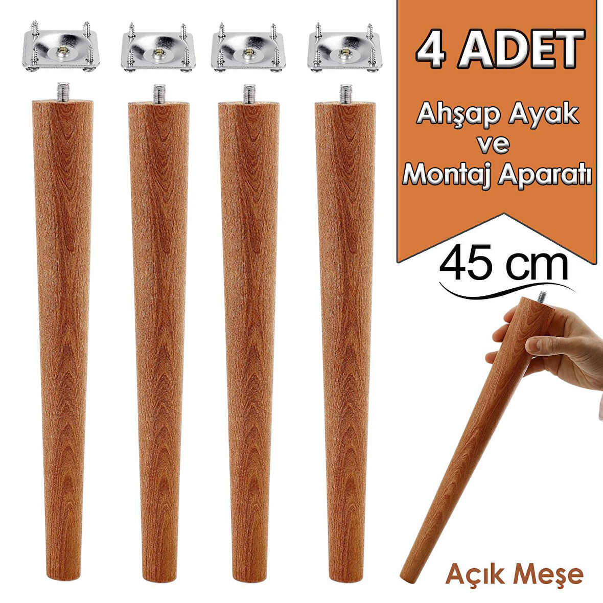 4 Adet Ahşap Ayak 45 Cm Açık Meşe M8 Civatalı Bağlantı Aparatlı Mobilya Tabure Sehpa Masa Destek Ayağı