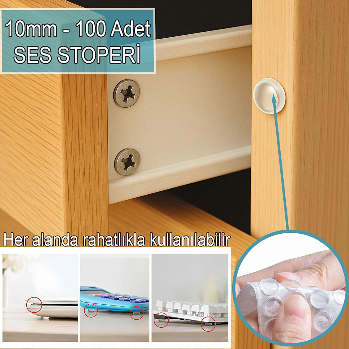 100’lü 10Mm Yapışkanlı Şeffaf Silikon Ses Stoperi Dolap Çekmece Tamponu Koruyucu