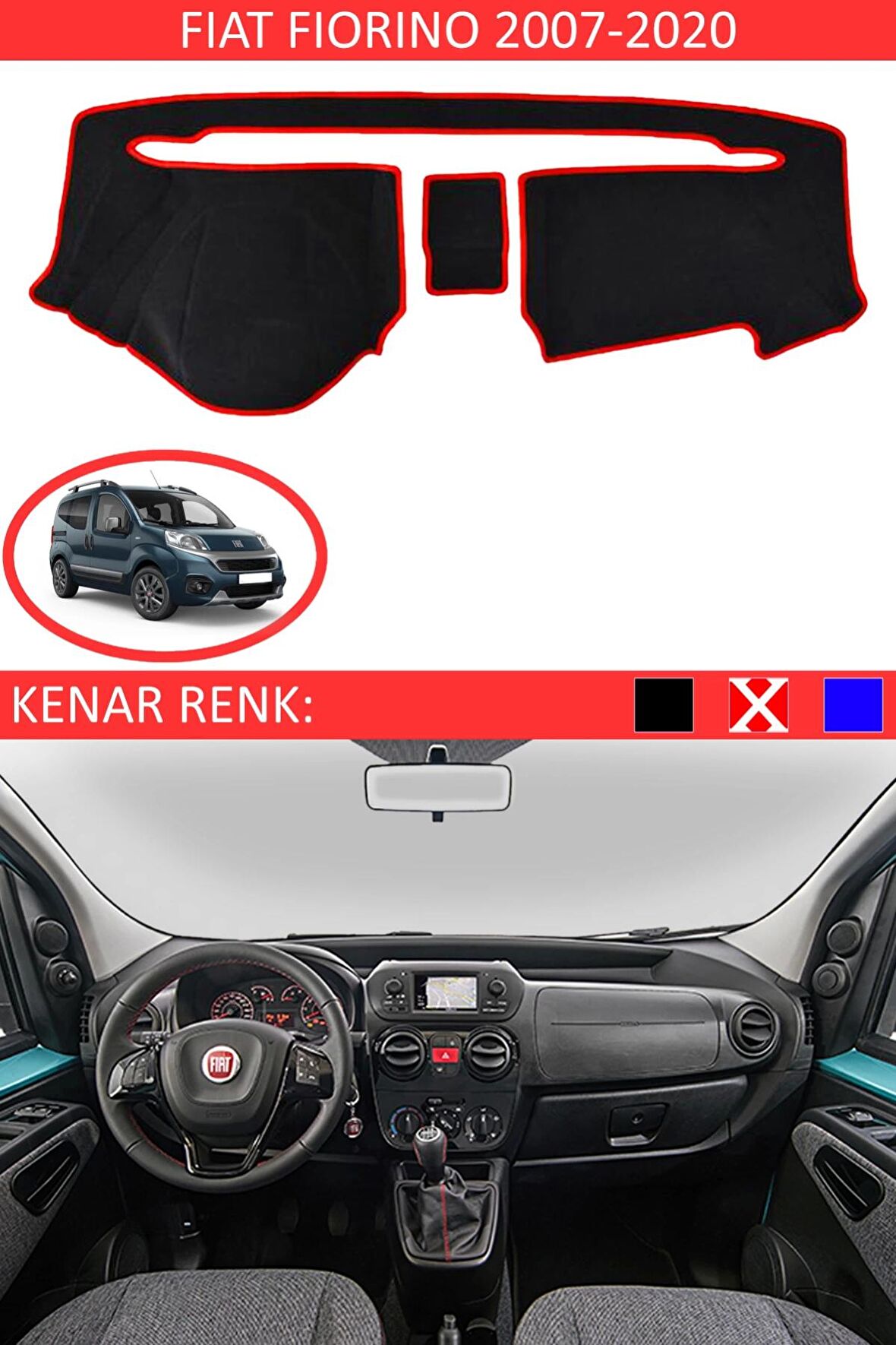 GUERRINO Torpido Koruma Halısı Siyah Kenar Renk Kırmızı Fiat Fiorino 2007-2020 ile Uyumlu