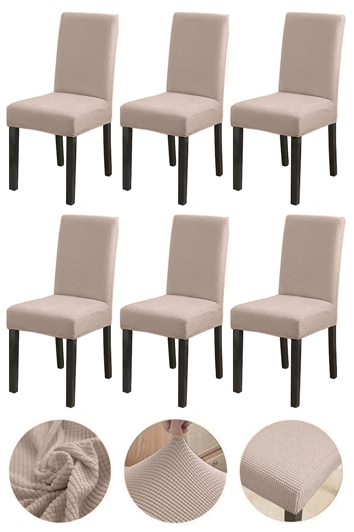 Bambu Nano Kumaş Likralı Yıkanabilir 6'lı Sandalye Kılıfı Lastikli Sandalye Örtüsü (6ADET) - VİZON 