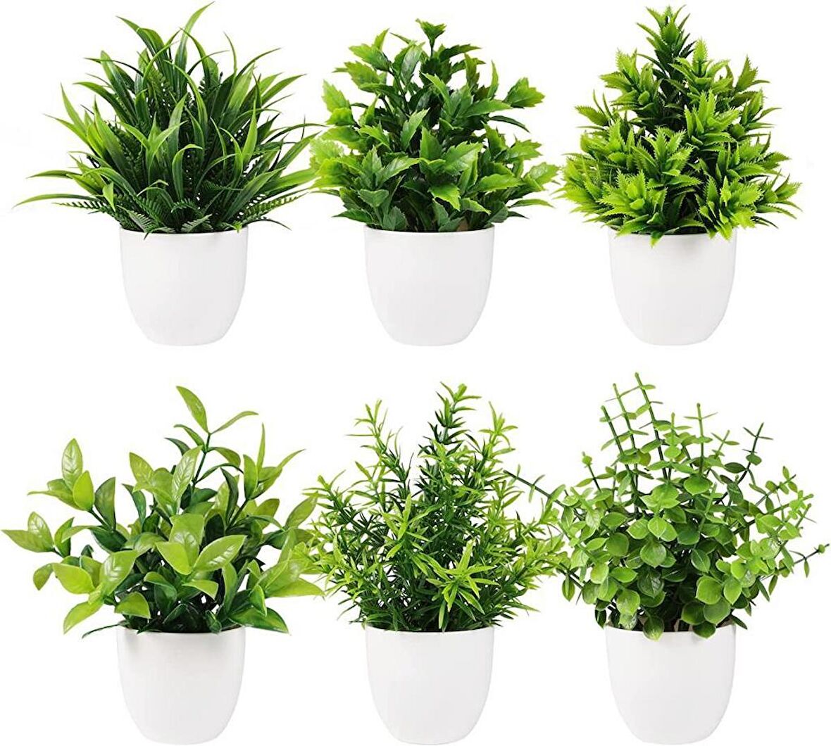 6lı Set Yapay Çiçek Beyaz Saksıda 6 Çeşit Yeşil Bitki