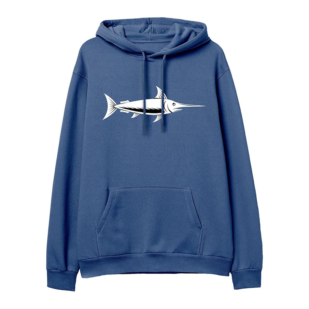 Fish Baskılı Hoodie-Royal Mavi