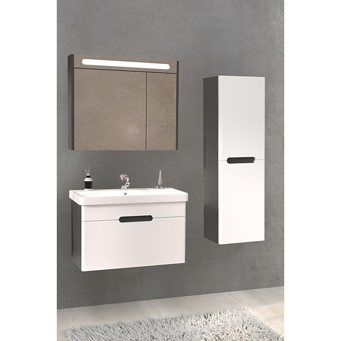 OLIMPIA 80 CM BANYO DOLABI  ANTRASİT / BEYAZ - BOY DOLAP DAHİL