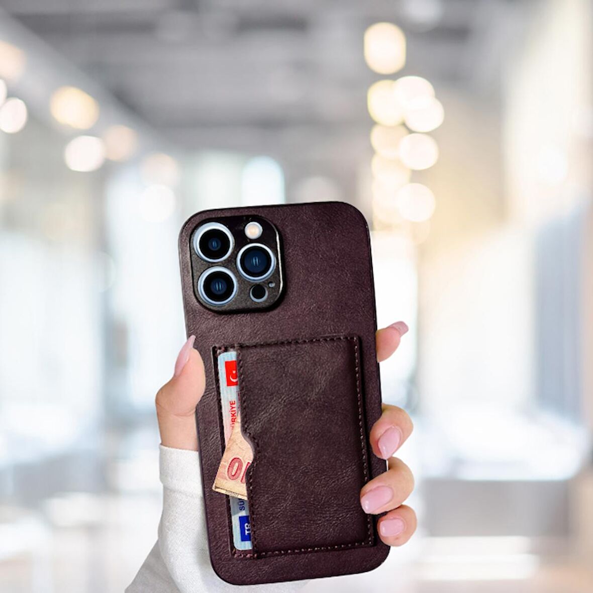 İPHONE 13 PRO TLP KARTLIKLI STANDLI GLASE LÜX DERİ KILIF