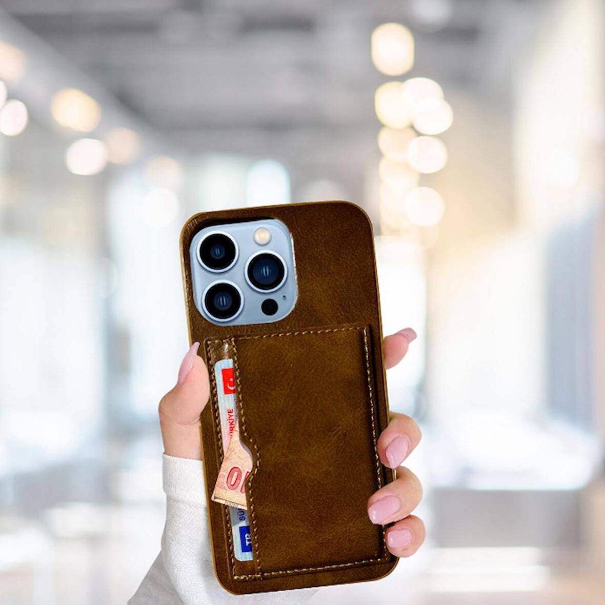 İPHONE 13 PRO TLP KARTLIKLI STANDLI GLASE LÜX DERİ KILIF