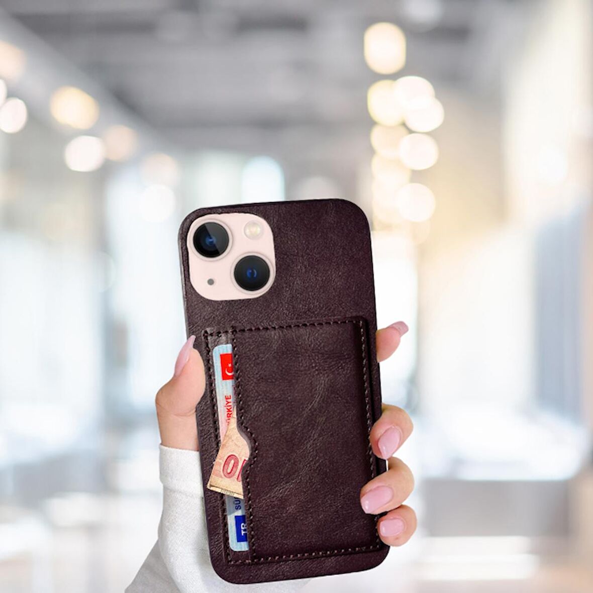 İPHONE 13 TLP KARTLIKLI STANDLI GLASE LÜX DERİ KILIF