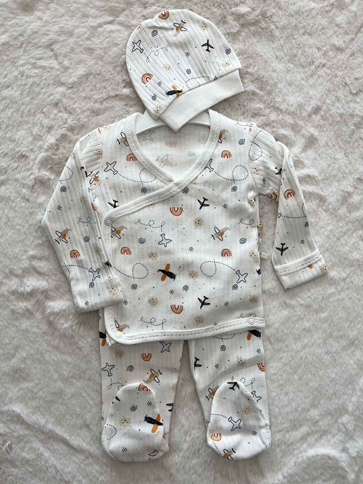 Uçak  Desenli Kendinden Eldivenli  3 lü Patikli Takım