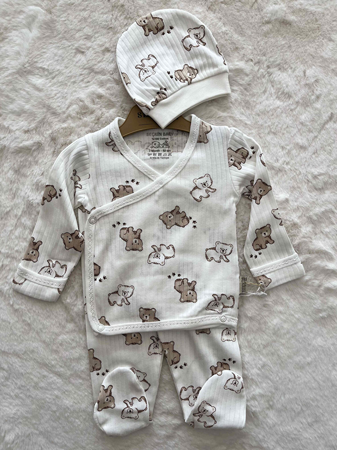 Yavru Ayı Desenli Kendinden Eldivenli  3 lü Patikli Takım