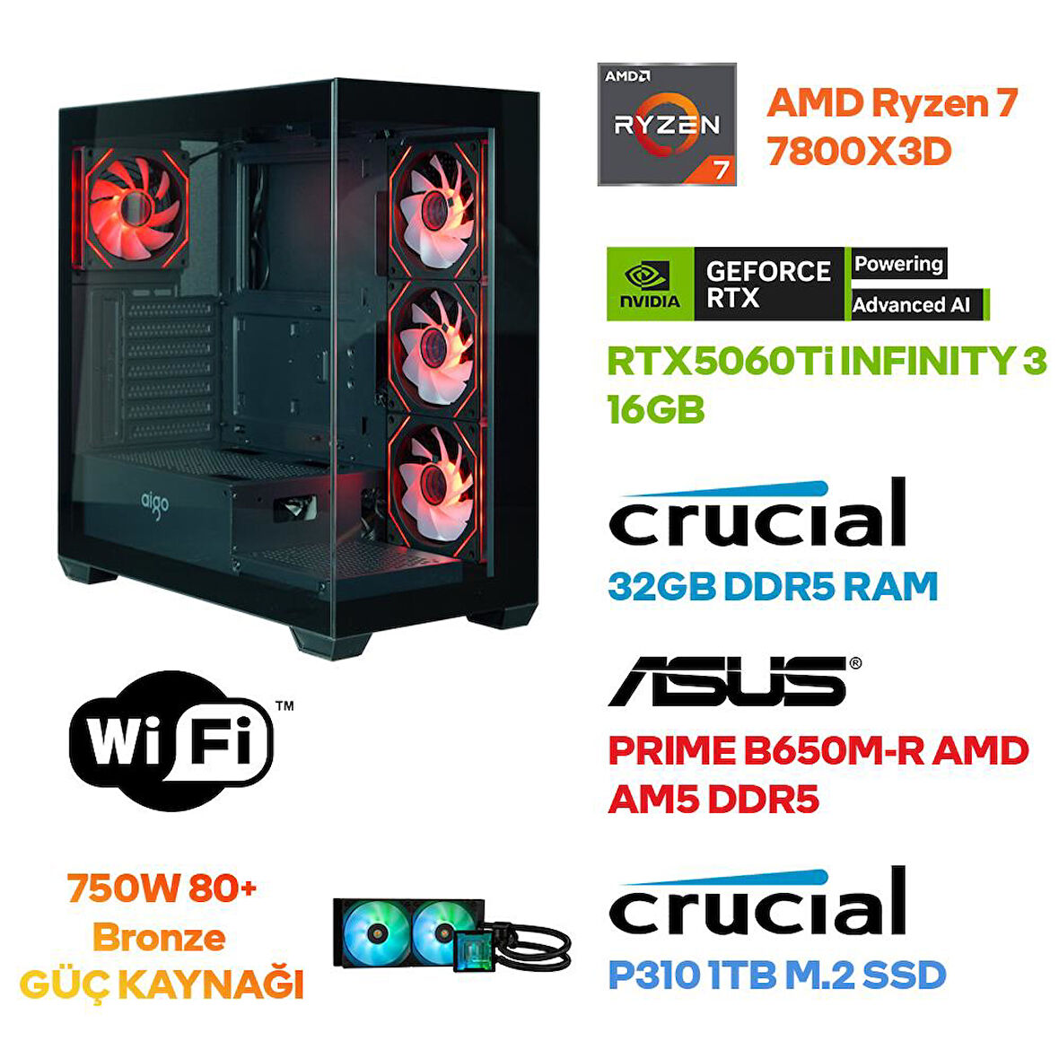 Game Garaj Prime S13 AMD Ryzen 7 7800X3D 32GB RAM 1TB SSD RTX5060Ti 240mm Sıvı Soğutma FreeDOS Oyuncu Tavsiye Sistem