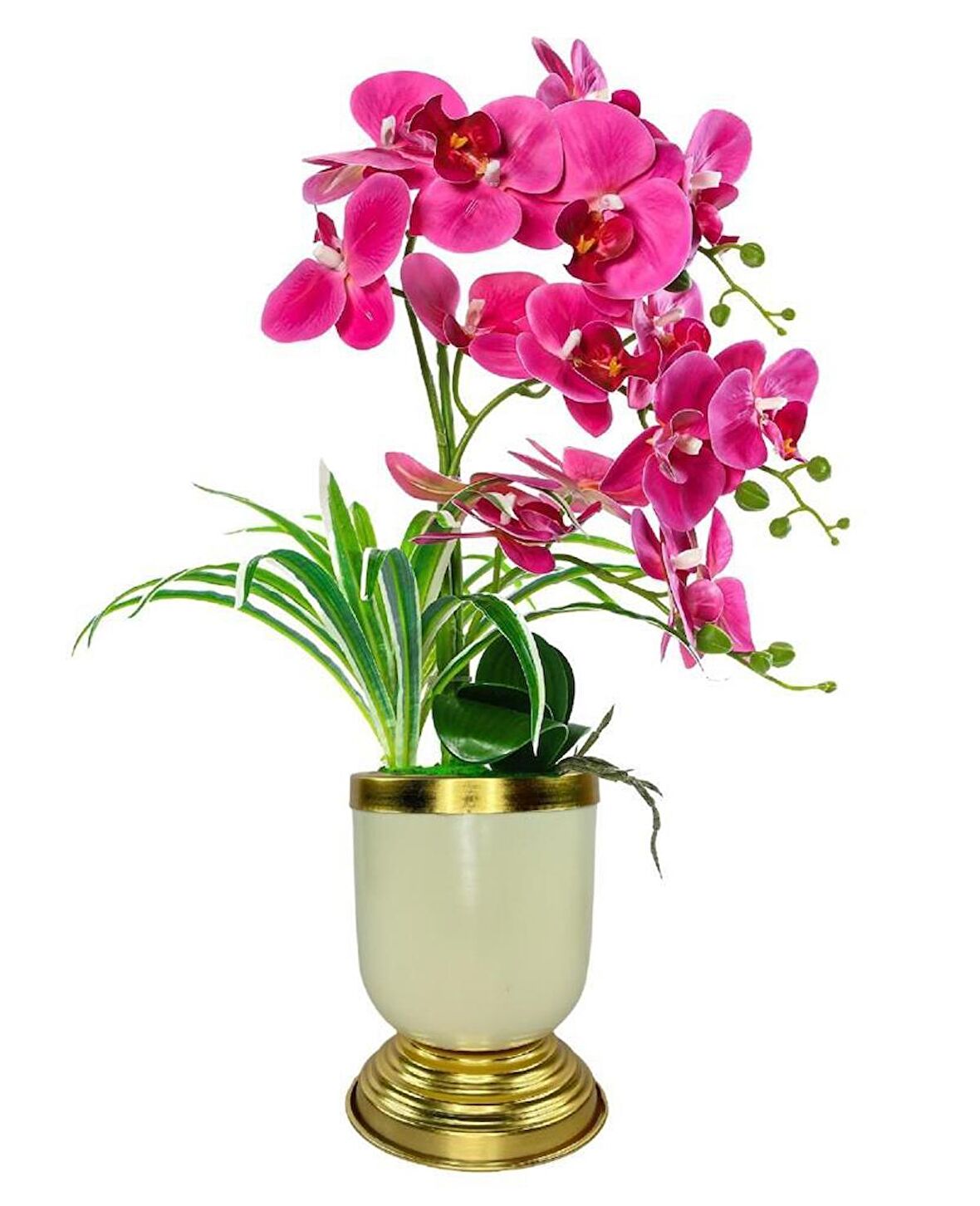 Yapay Çiçek 3lü Fuşya Orkide Metal Krem Gold Saksıda Orkide 60cm