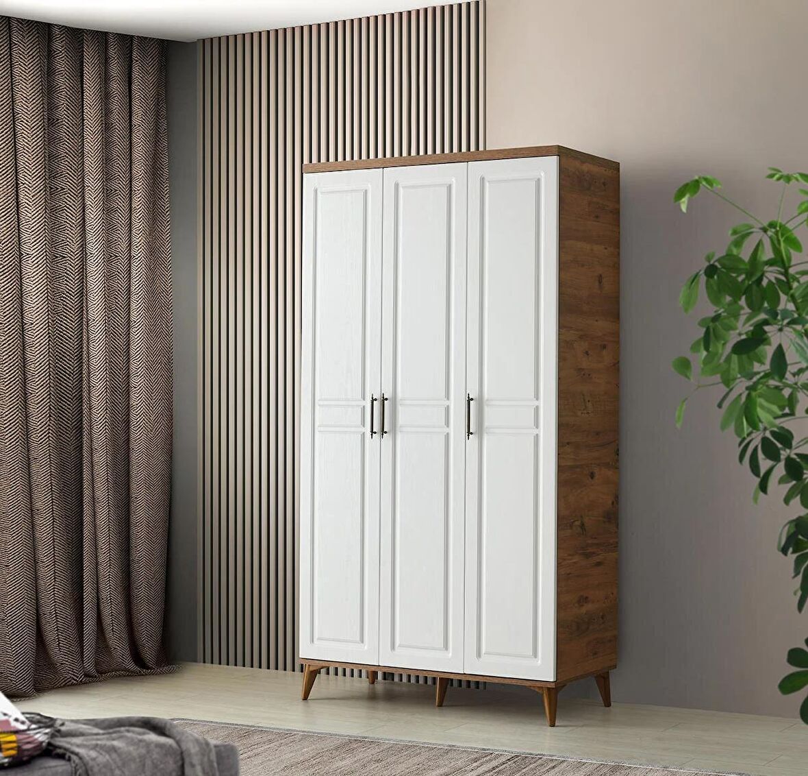 Ücretsiz Montaj - 100% MDF Sport 3 Kapaklı Beyaz Gardırop - MDF Dolap - Elbise Dolabı