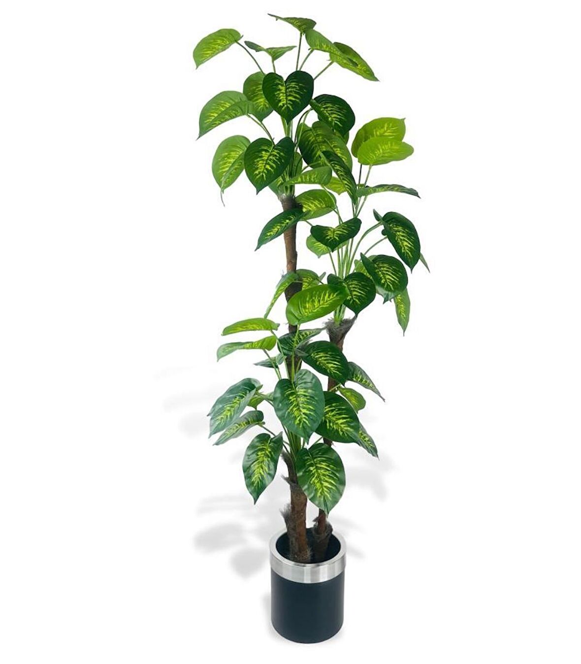 Yapay Çiçek Difenbahya Sarı Yeşil 3Katlı 190cm 54Yaprak Gümüş Kemerli Siyah Saksıda Yapay Bitki