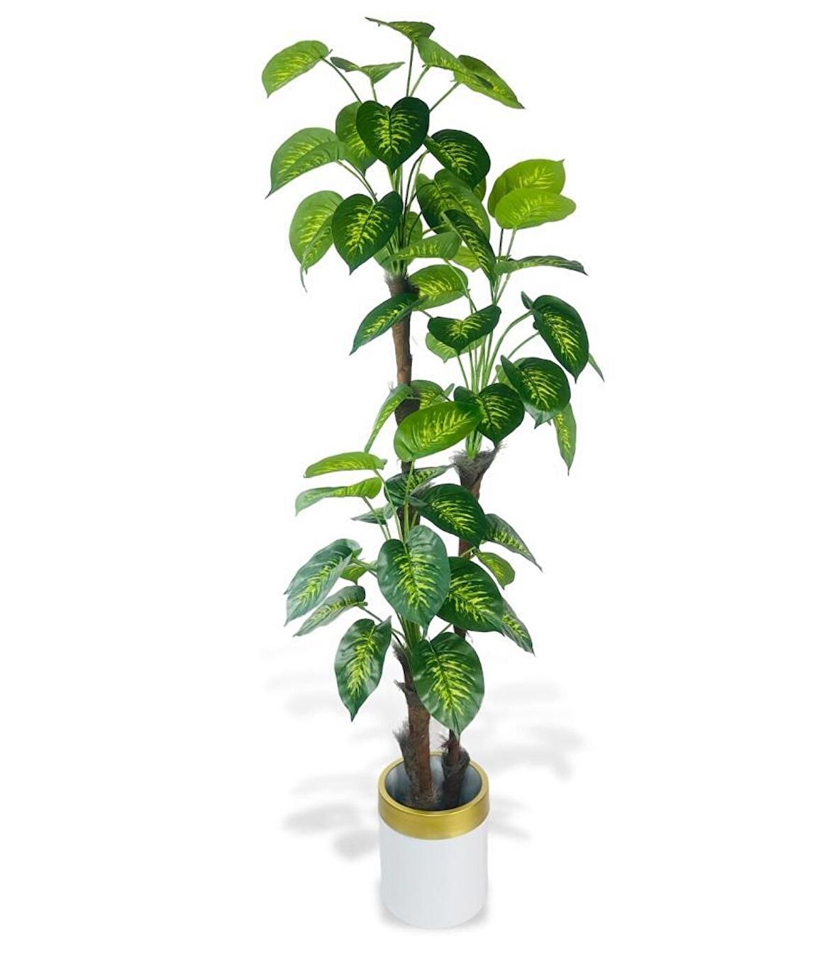 Yapay Çiçek Difenbahya Sarı Yeşil 3Katlı 190cm 54Yaprak Gold Kemerli Beyaz Saksıda Yapay Bitki