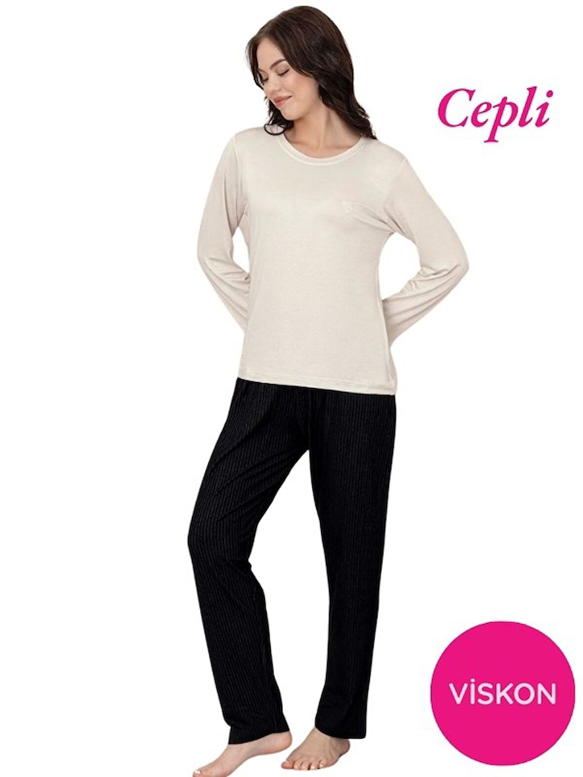 Kadın Bisiklet Yaka Düğmesiz Viskon Mevsimlik Uzun Kol Cepli Pijama Takımı