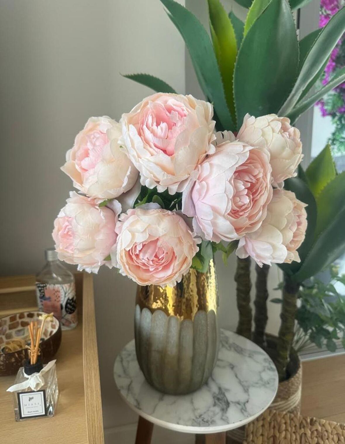 Yapay Çiçek Şakayık Soft Pembe 7 Güllü Büyük Boy Demet 40cm