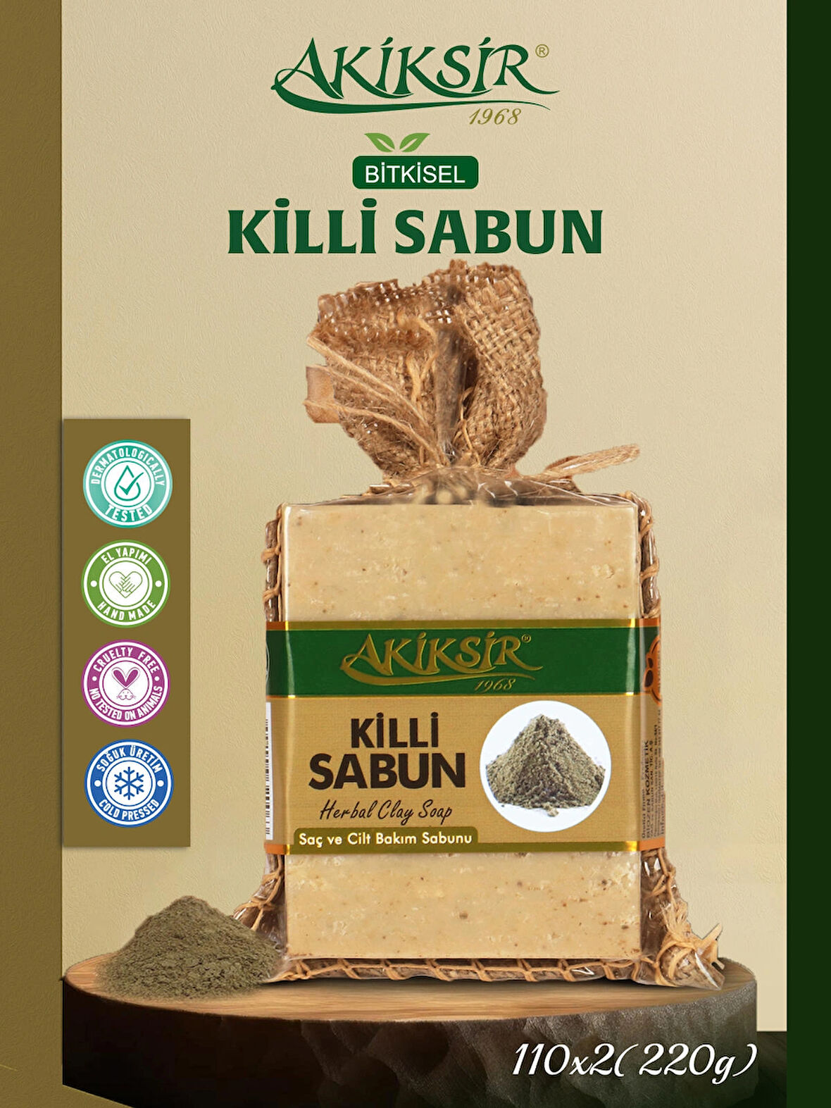 Akiksir Doğal Killi Sabun – 2 Adet – 2x110g