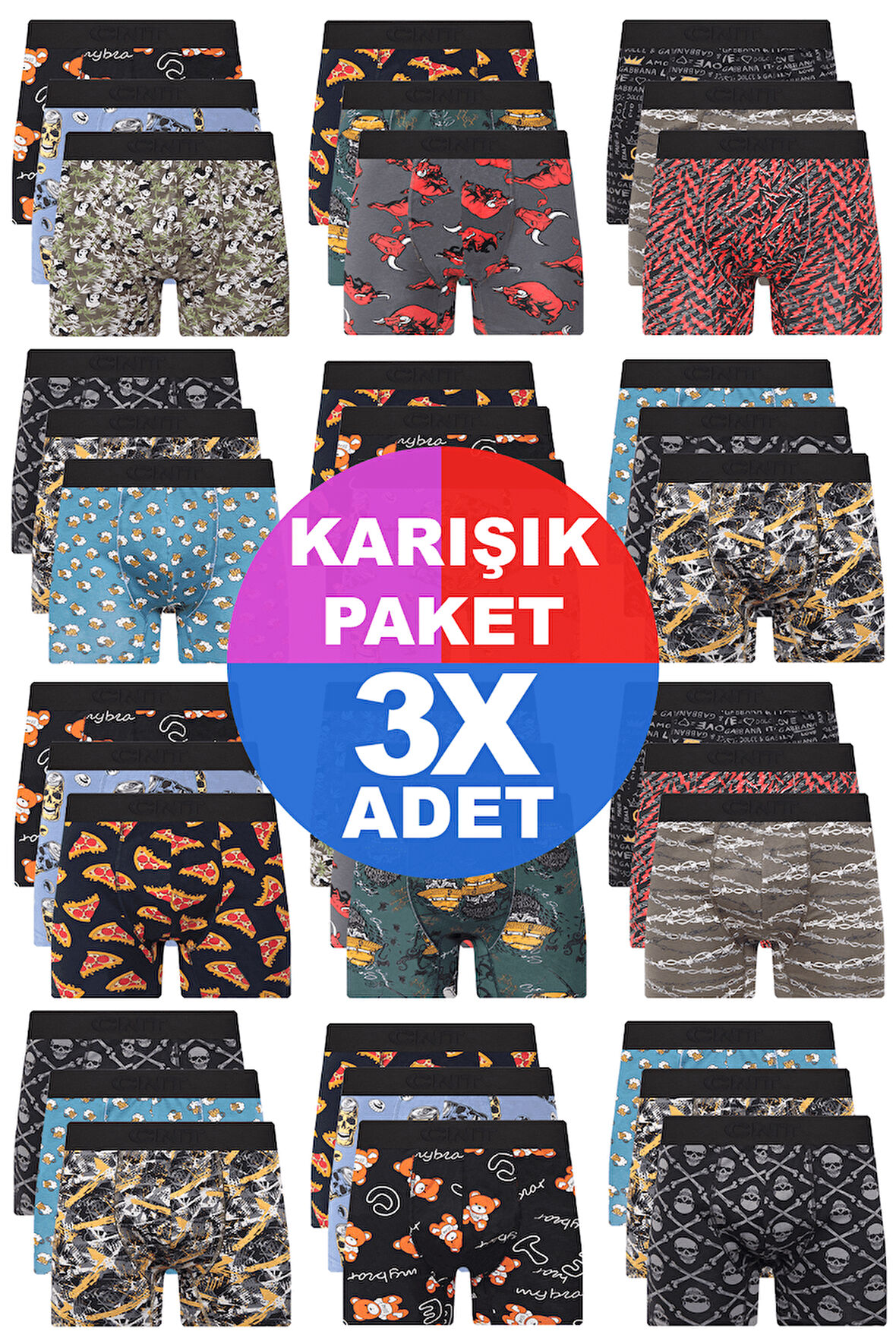 Erkek 3 Adet Rastgele Sürpriz Desenli Boxer - Özel Gizemli Paketinde Sürpriz Boxer